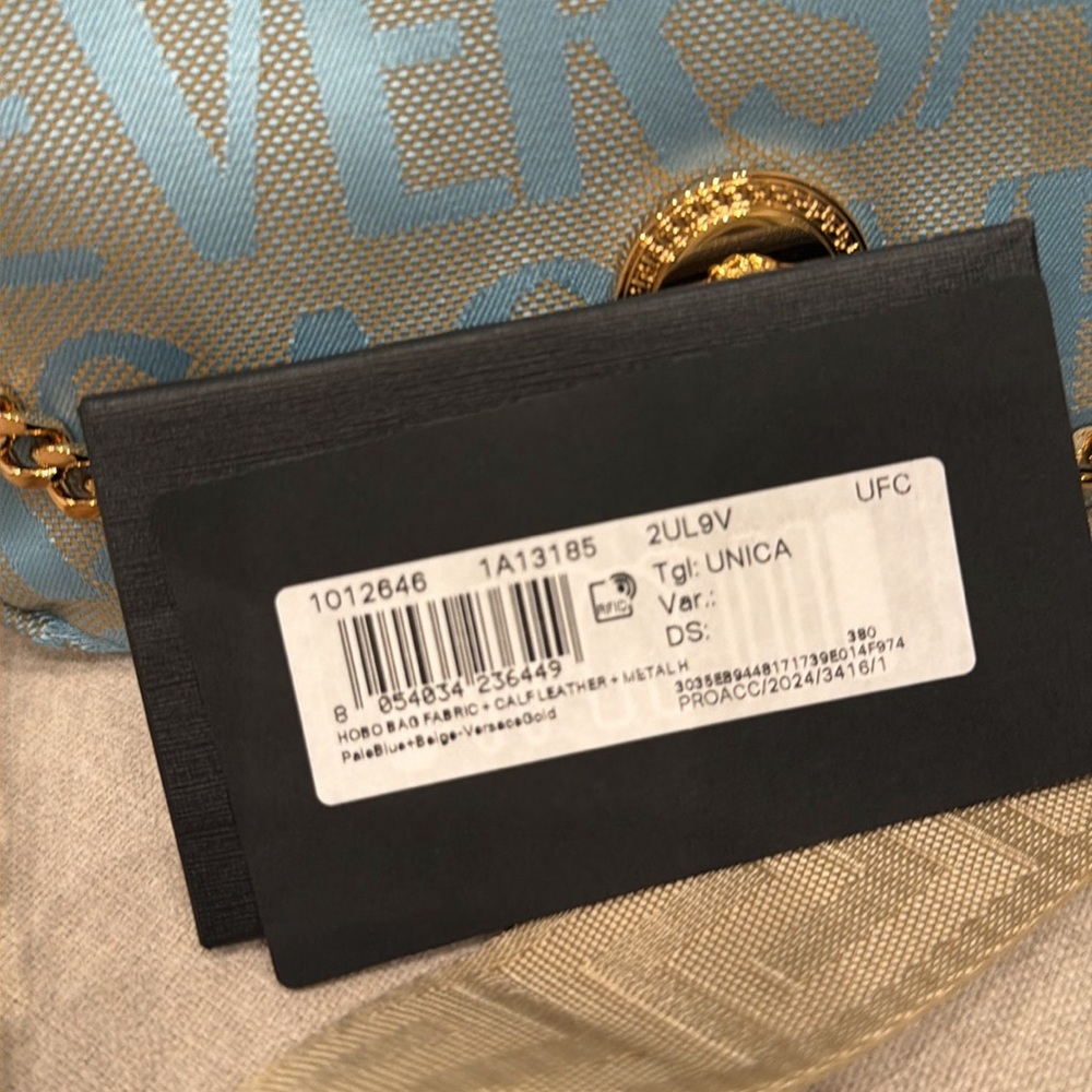 Versace Sky Blue Logo Crossbody Bag with Gold Chain - Picture 12 of 13